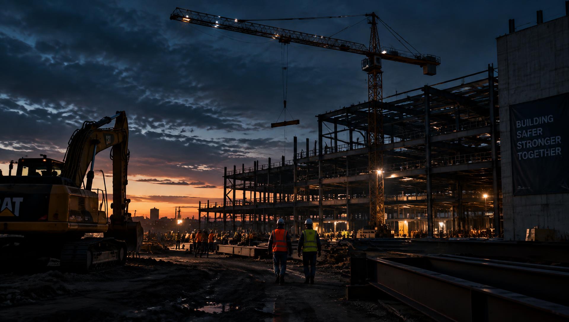 Commercial construction site at dusk with crane, excavator, and crews