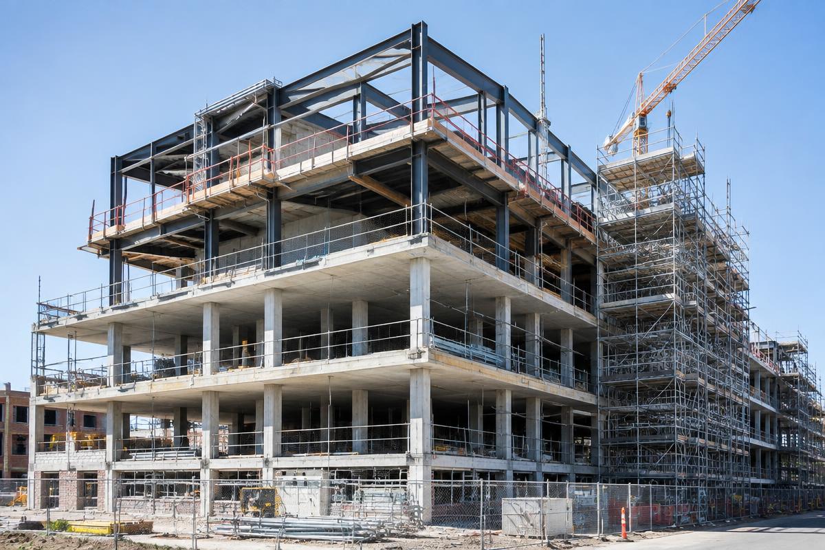 Commercial building under construction with steel and concrete frame